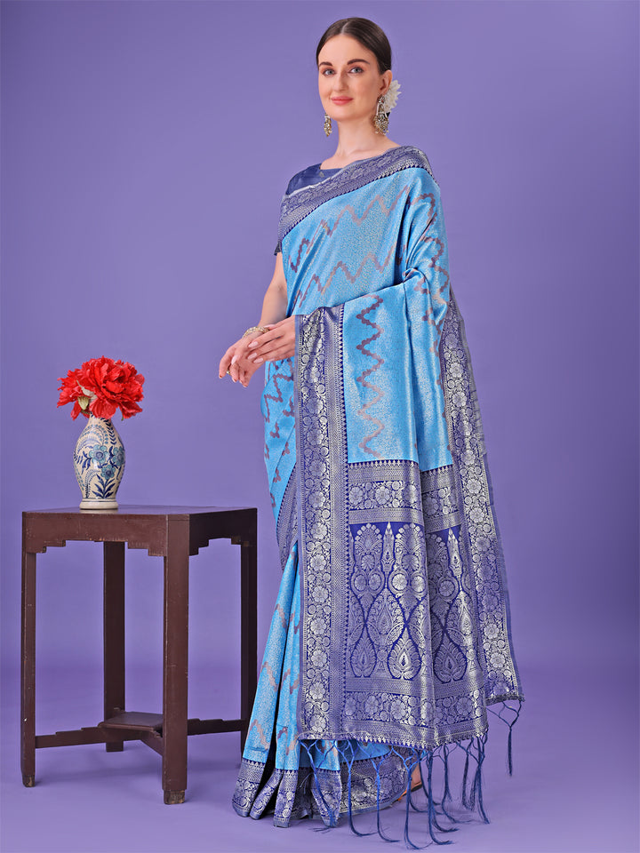Blue Colour Lichi Silk Saree Weaving Work With Blouse Piece