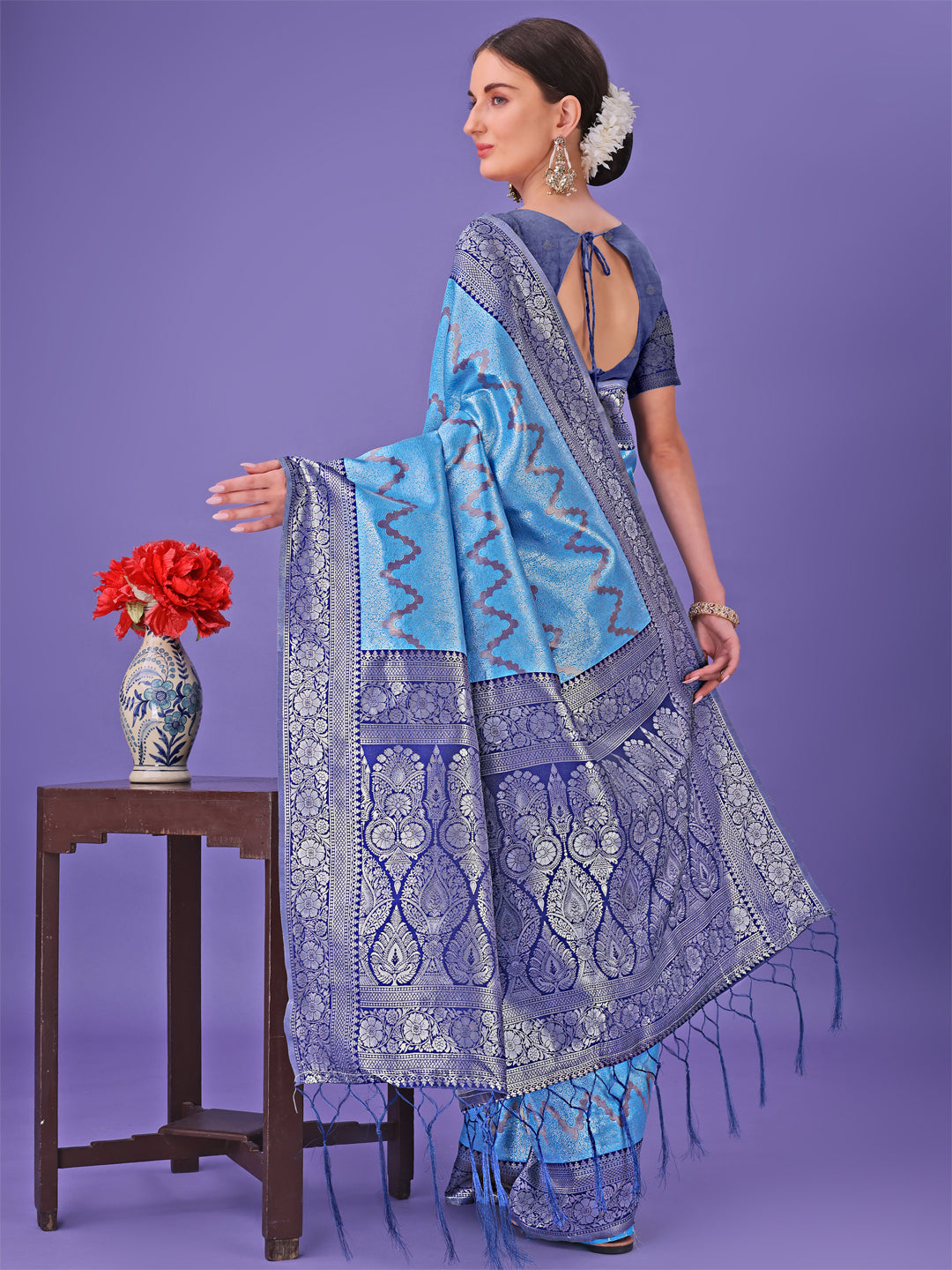 Blue Colour Lichi Silk Saree Weaving Work With Blouse Piece
