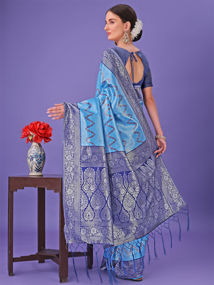 Blue Colour Lichi Silk Saree Weaving Work With Blouse Piece