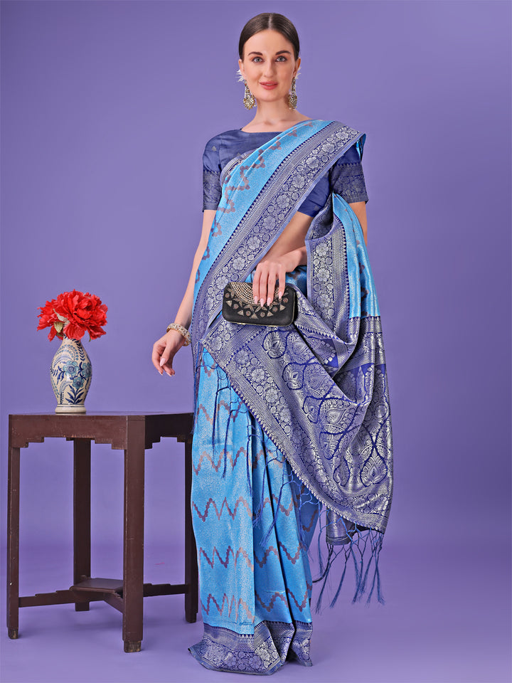 Blue Colour Lichi Silk Saree Weaving Work With Blouse Piece
