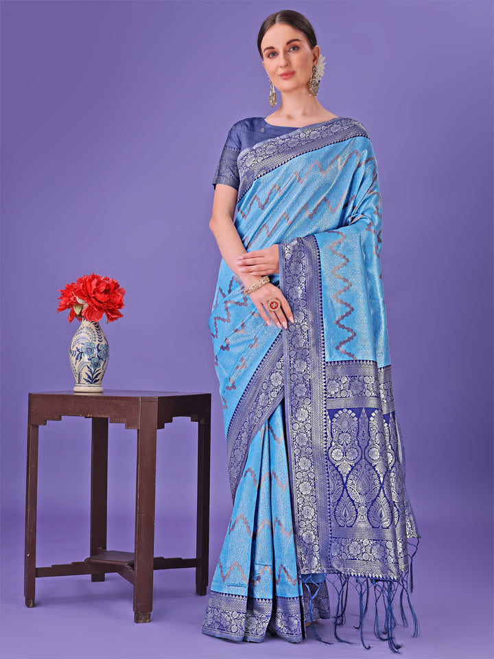 Blue Colour Lichi Silk Saree Weaving Work With Blouse Piece