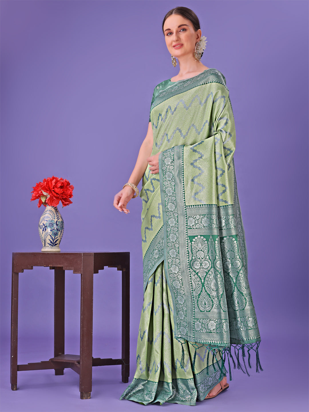 Light Green Colour Lichi Silk Saree Weaving Work With Blouse Piece