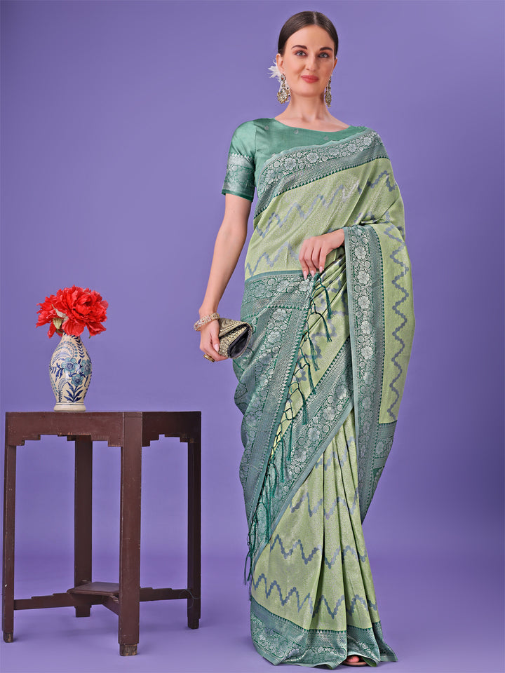 Light Green Colour Lichi Silk Saree Weaving Work With Blouse Piece
