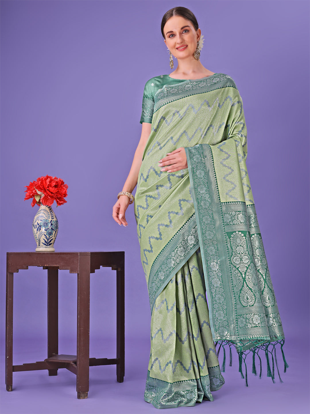 Light Green Colour Lichi Silk Saree Weaving Work With Blouse Piece