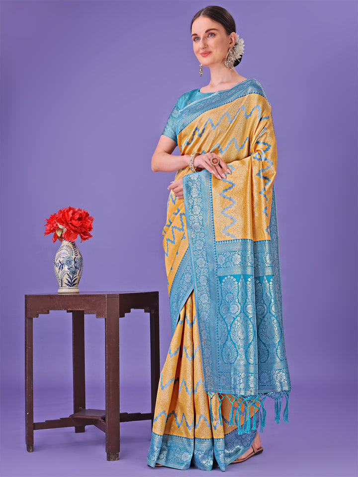 Yellow Colour Lichi Silk Saree Weaving Work With Blouse Piece