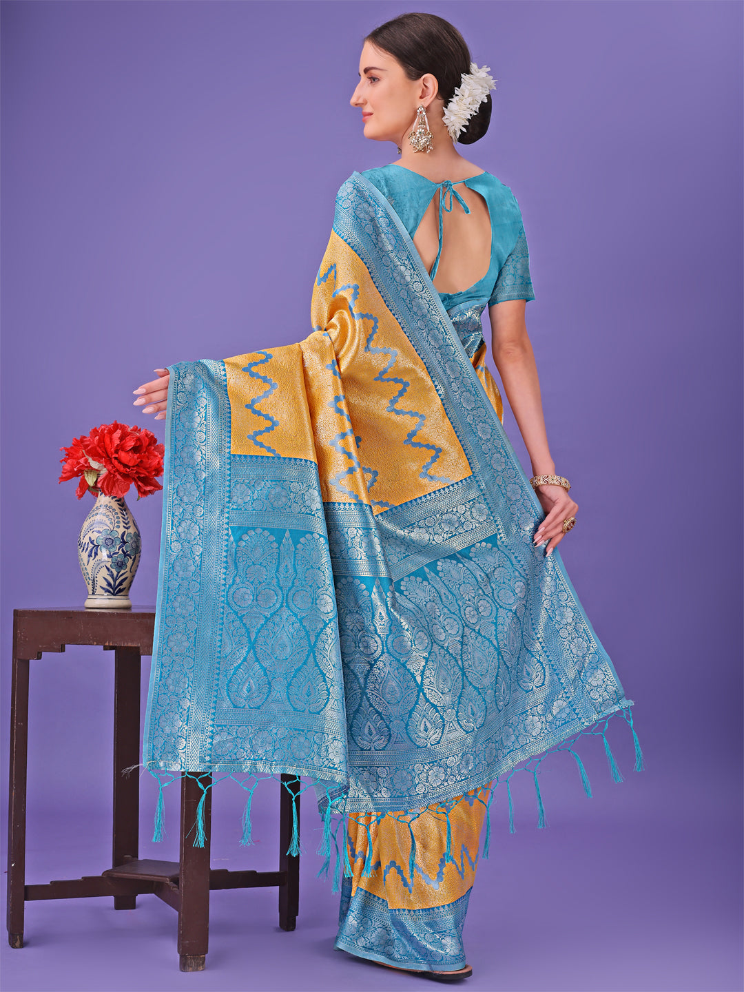 Yellow Colour Lichi Silk Saree Weaving Work With Blouse Piece