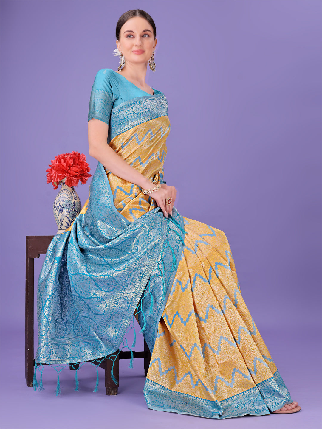 Yellow Colour Lichi Silk Saree Weaving Work With Blouse Piece