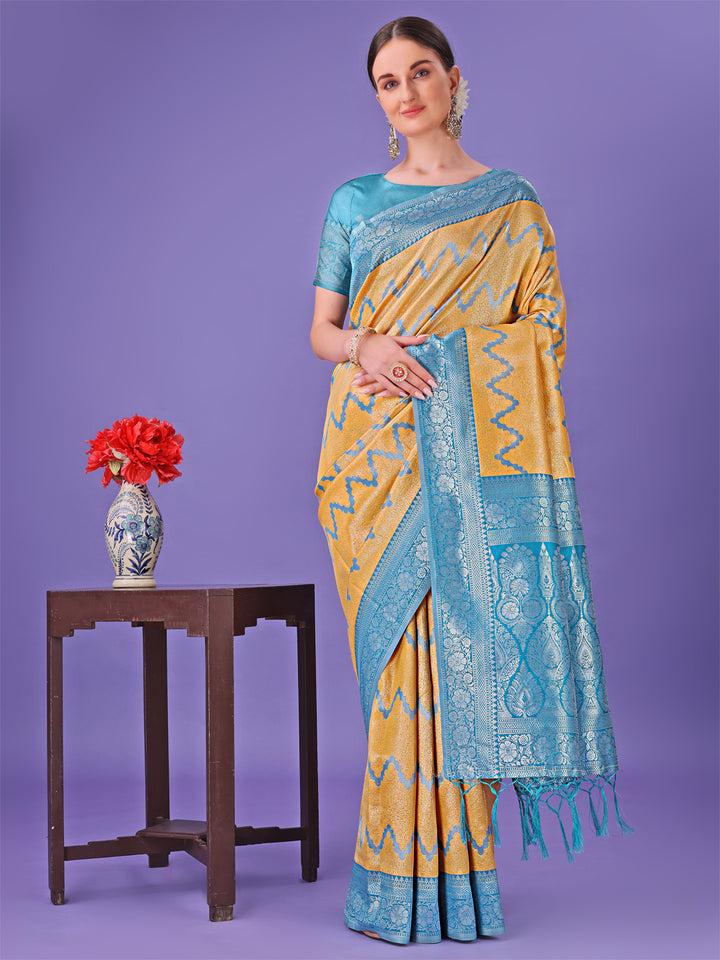 Yellow Colour Lichi Silk Saree Weaving Work With Blouse Piece