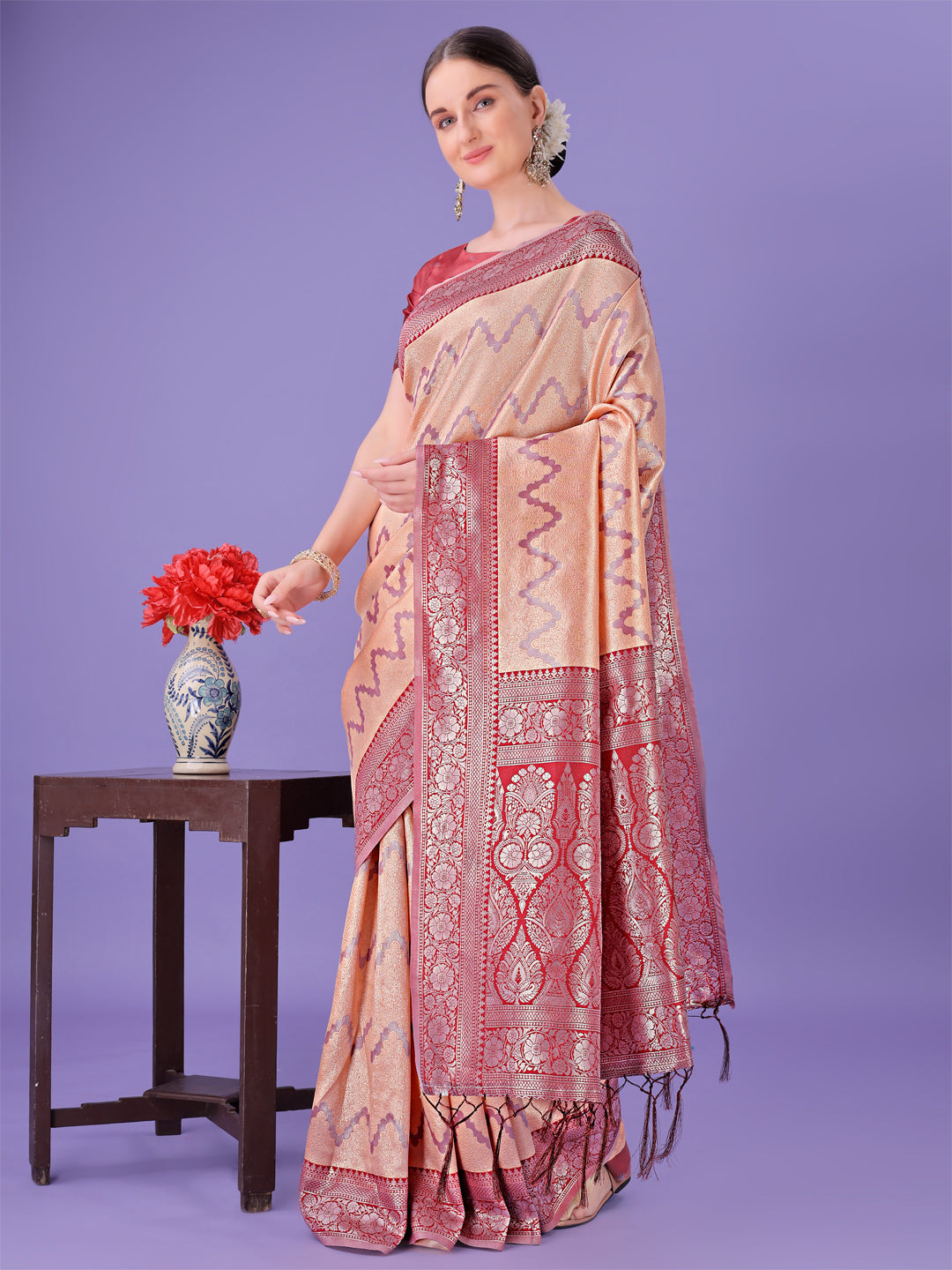 Peach Colour Lichi Silk Saree Weaving Work With Blouse Piece