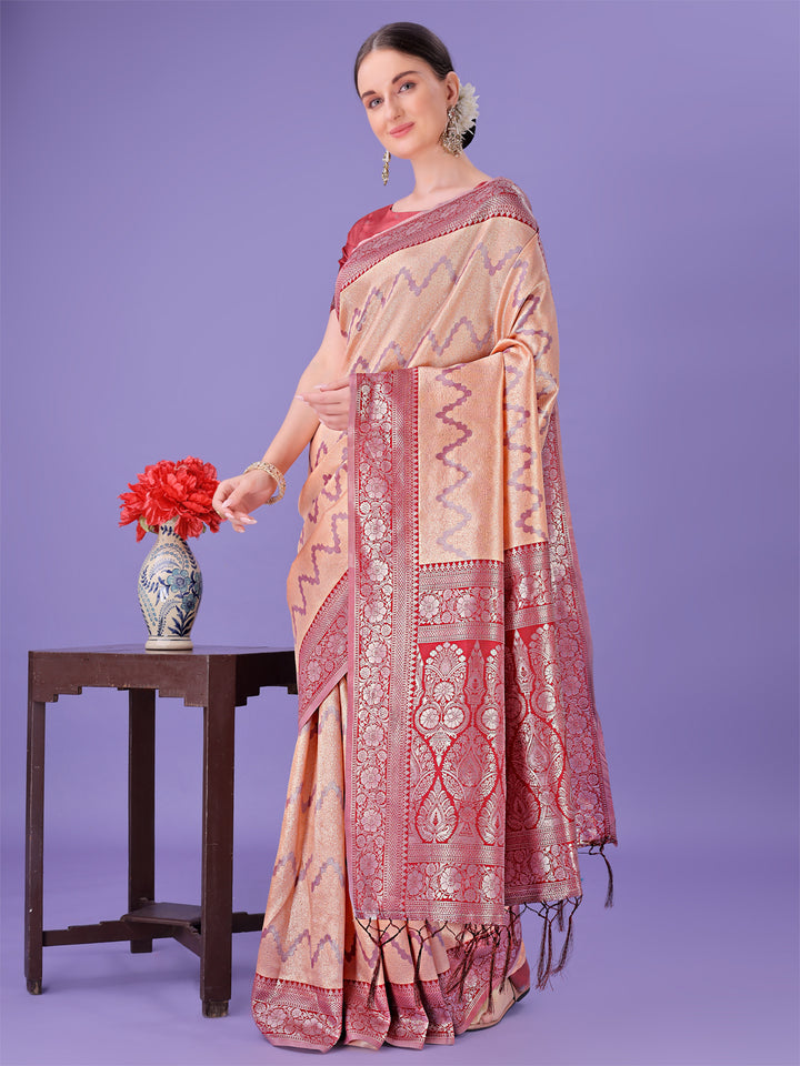 Peach Colour Lichi Silk Saree Weaving Work With Blouse Piece