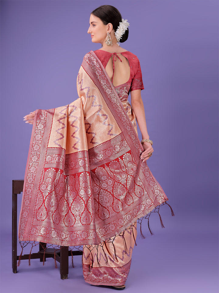 Peach Colour Lichi Silk Saree Weaving Work With Blouse Piece