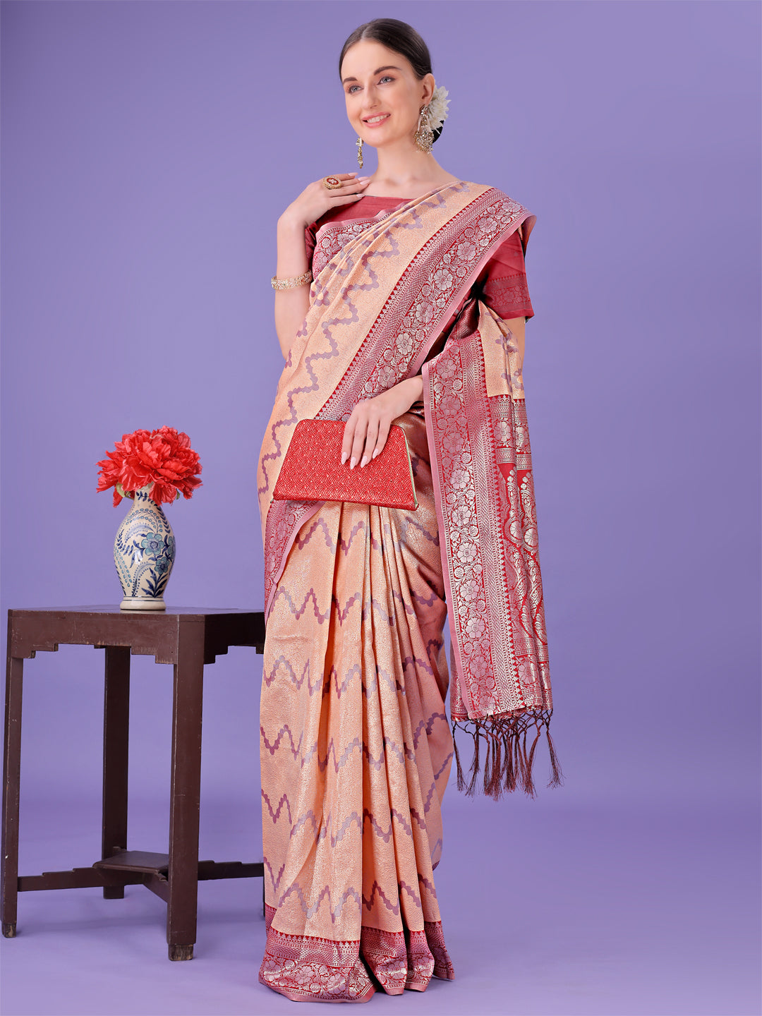Peach Colour Lichi Silk Saree Weaving Work With Blouse Piece