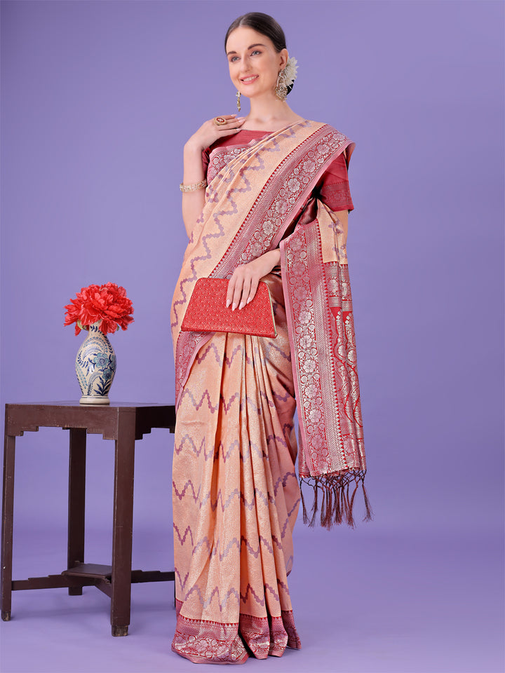 Peach Colour Lichi Silk Saree Weaving Work With Blouse Piece
