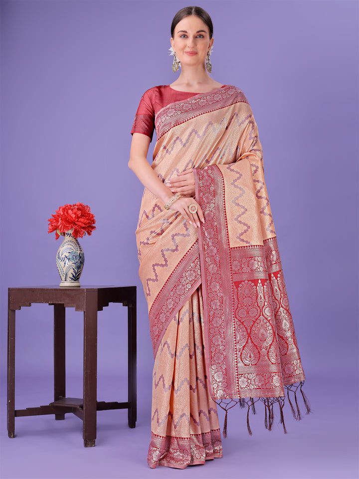 Peach Colour Lichi Silk Saree Weaving Work With Blouse Piece