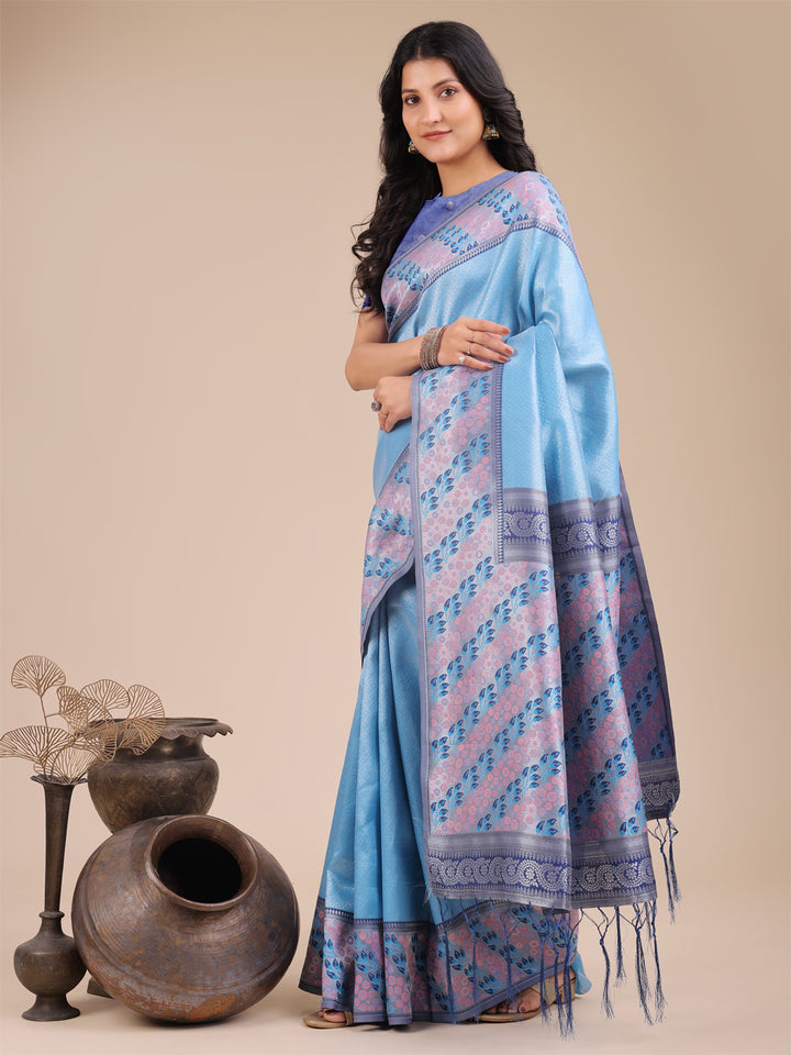Sky Blue Colour Silk Saree Weaving Work With Blouse Piece