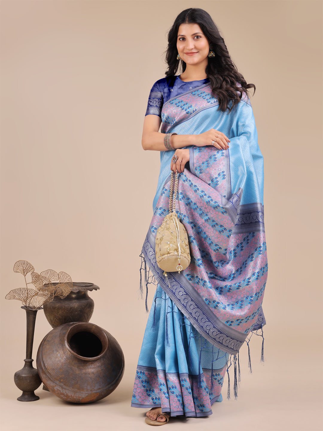 Sky Blue Colour Silk Saree Weaving Work With Blouse Piece