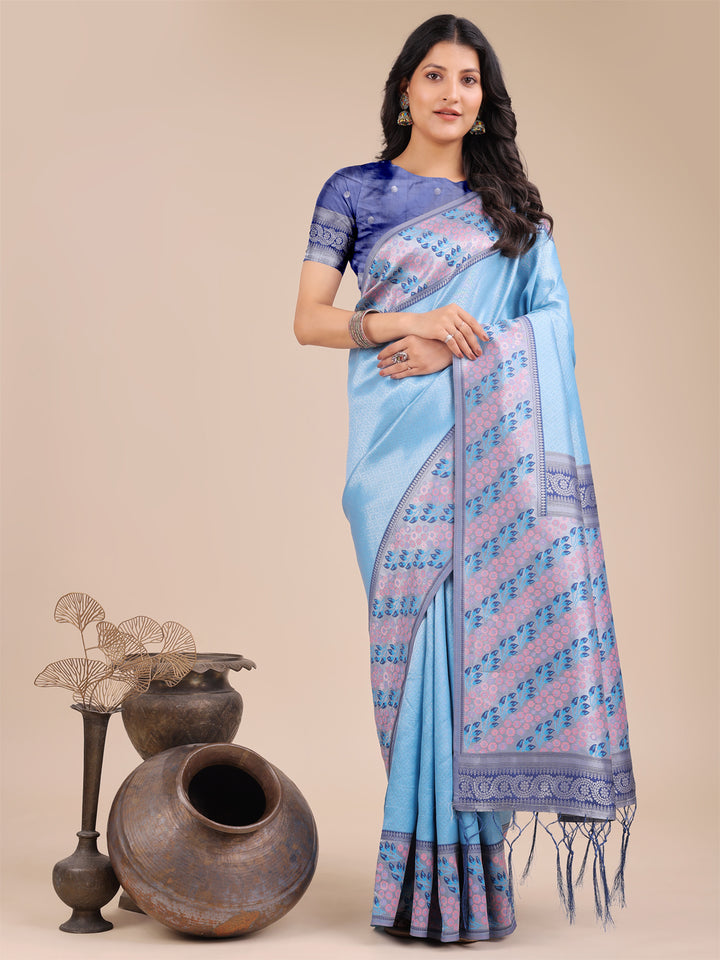 Sky Blue Colour Silk Saree Weaving Work With Blouse Piece