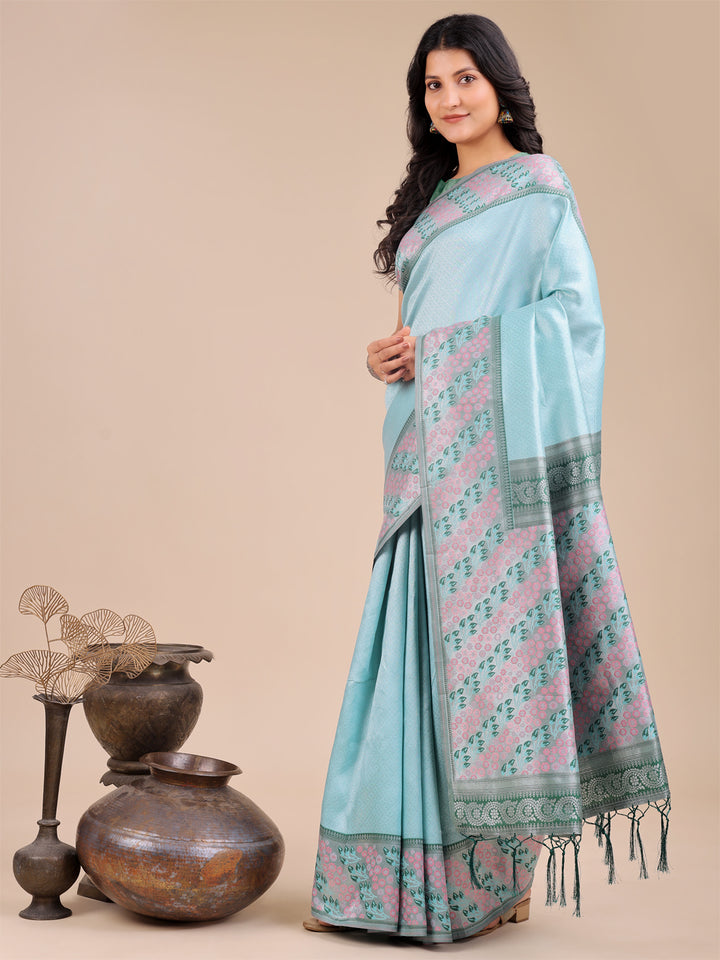 Teal Colour Silk Saree Weaving Work With Blouse Piece