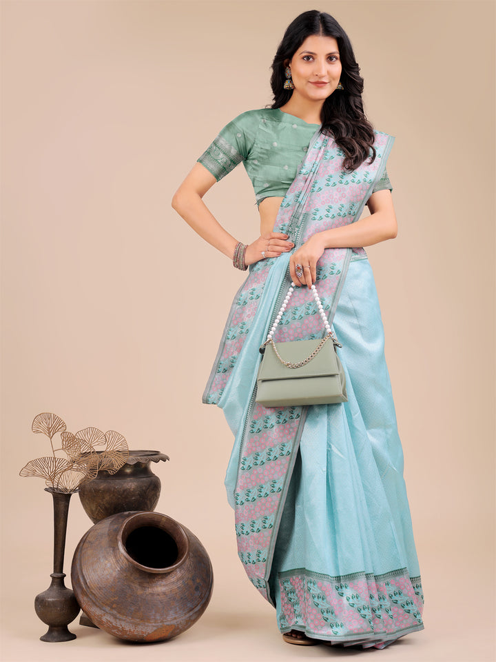 Teal Colour Silk Saree Weaving Work With Blouse Piece