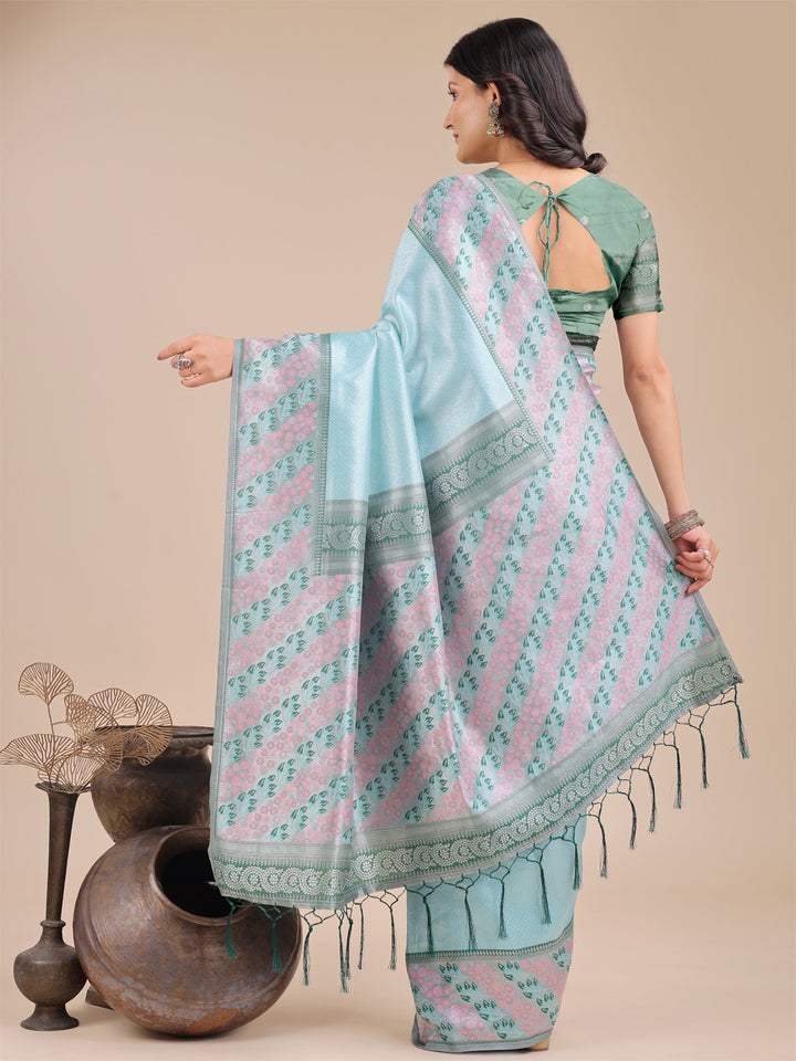 Teal Colour Silk Saree Weaving Work With Blouse Piece