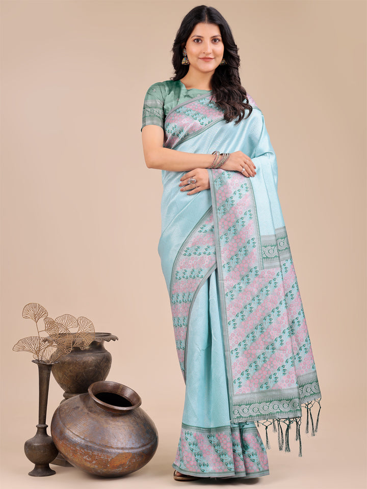Teal Colour Silk Saree Weaving Work With Blouse Piece