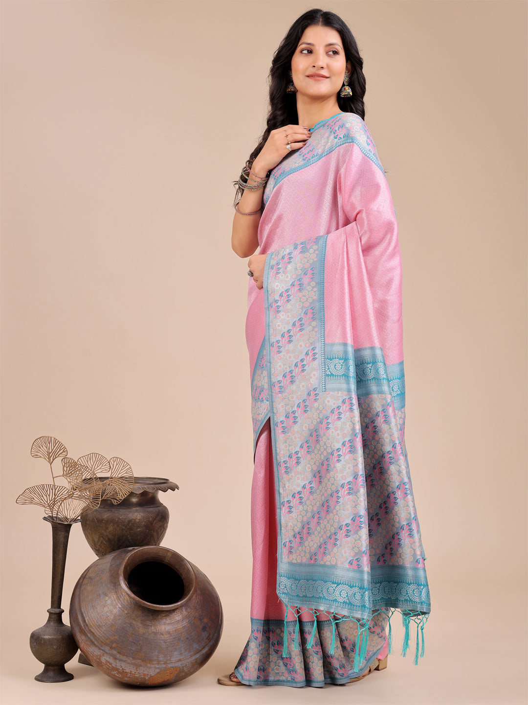 Light Pink Colour Silk Saree Weaving Work With Blouse Piece