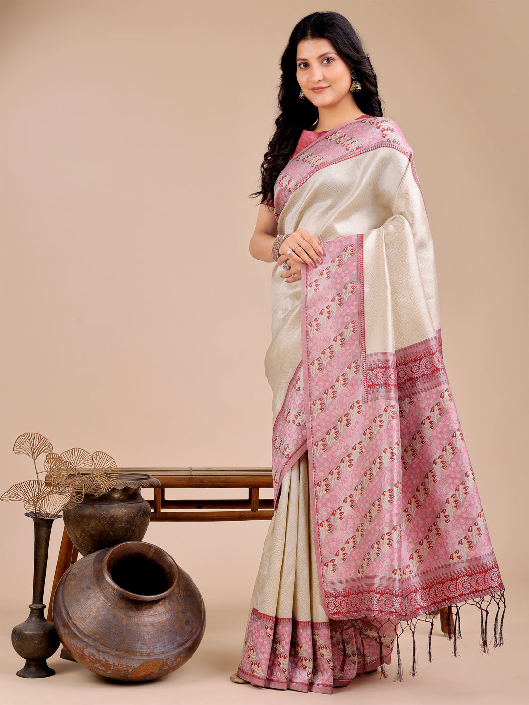 Cream Colour Silk Saree Weaving Work With Blouse Piece