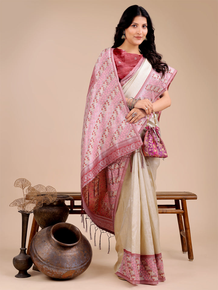 Cream Colour Silk Saree Weaving Work With Blouse Piece