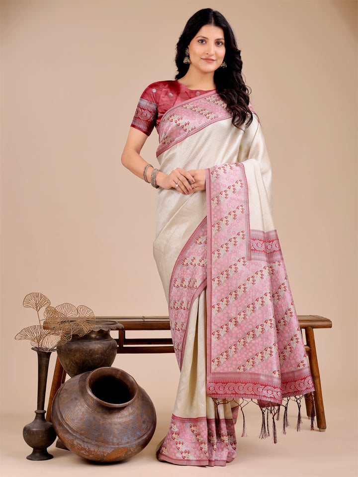 Cream Colour Silk Saree Weaving Work With Blouse Piece