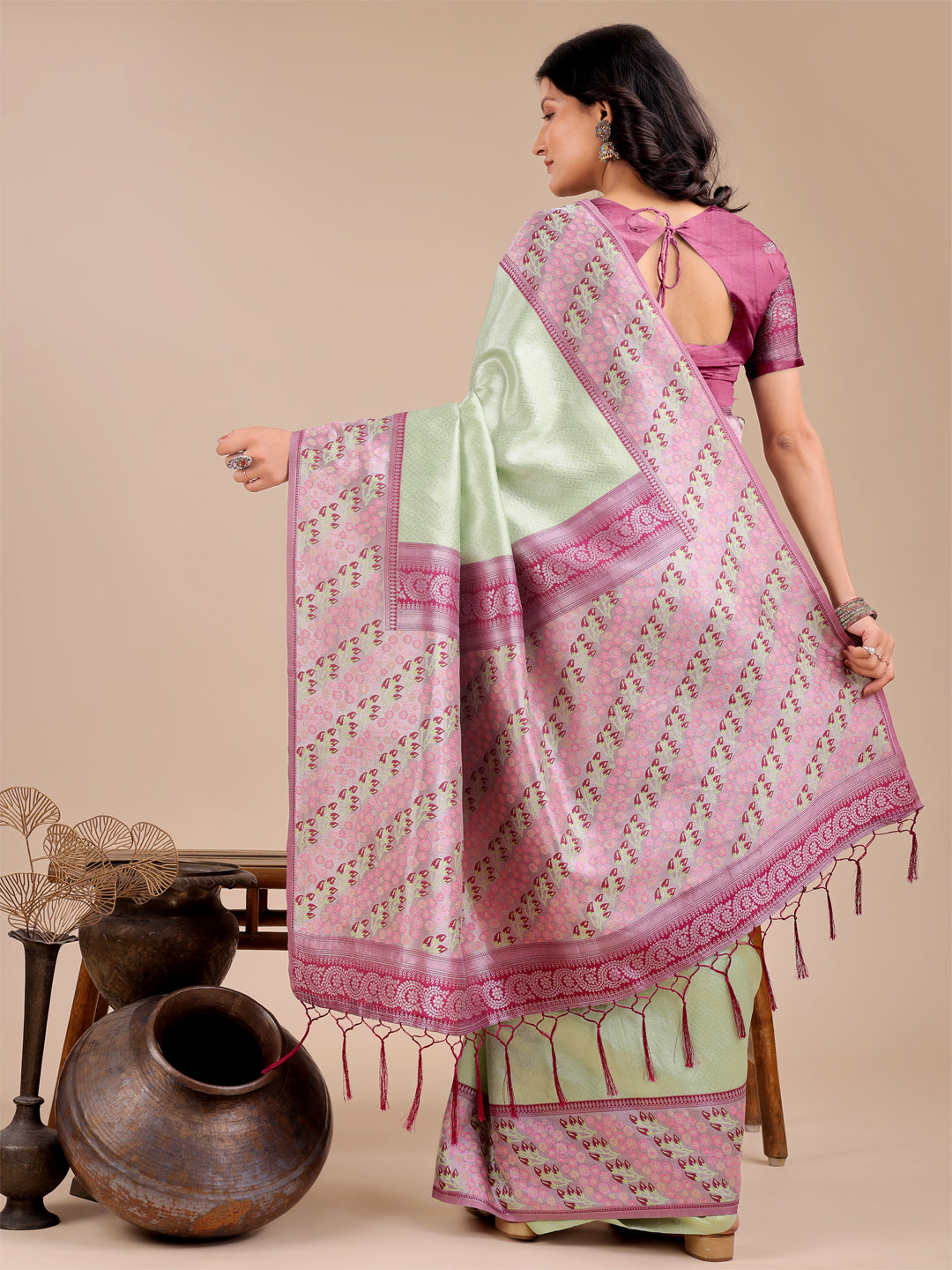 Light Green Colour Silk Saree Weaving Work With Blouse Piece