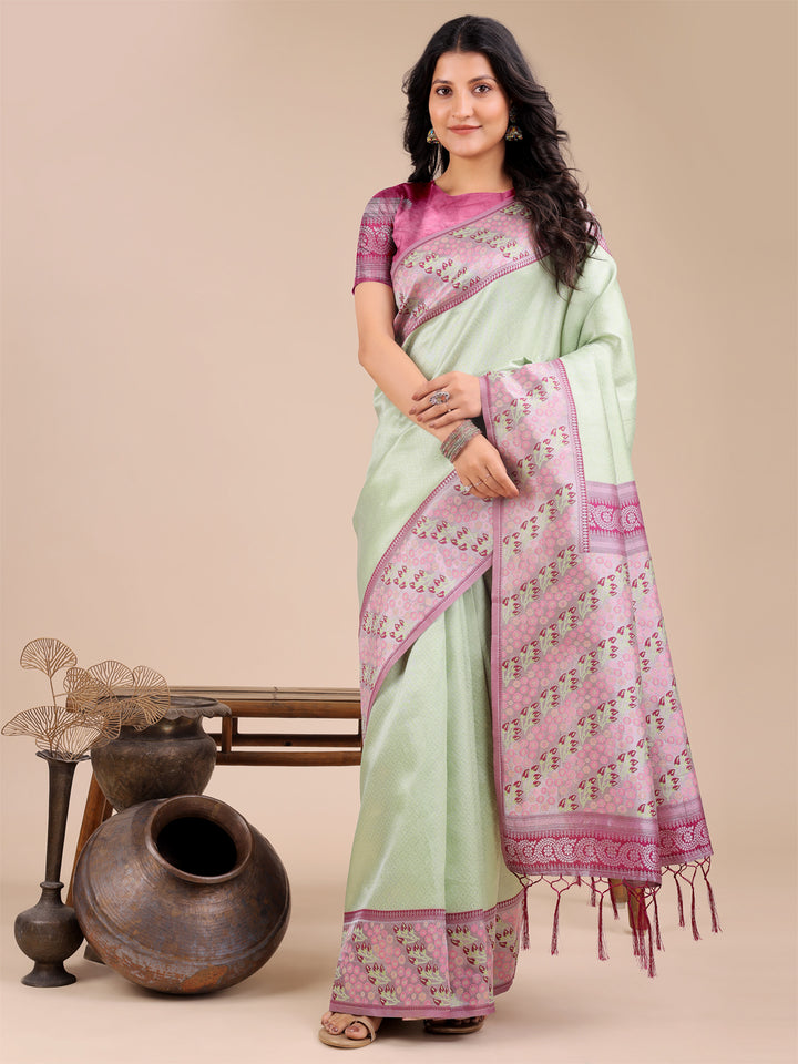 Light Green Colour Silk Saree Weaving Work With Blouse Piece