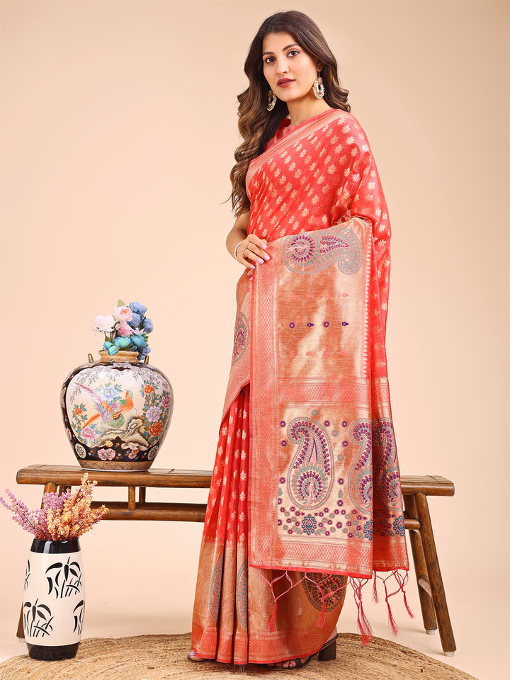 Peach Colour Linen Cotton Printed Work Saree With Blouse Piece