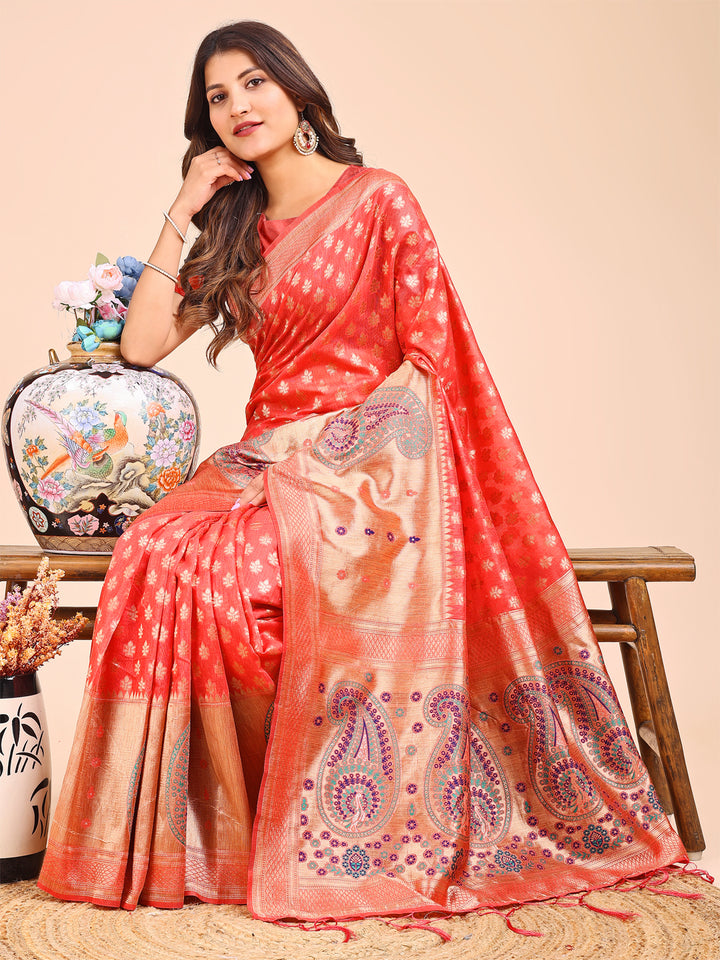 Peach Colour Linen Cotton Printed Work Saree With Blouse Piece