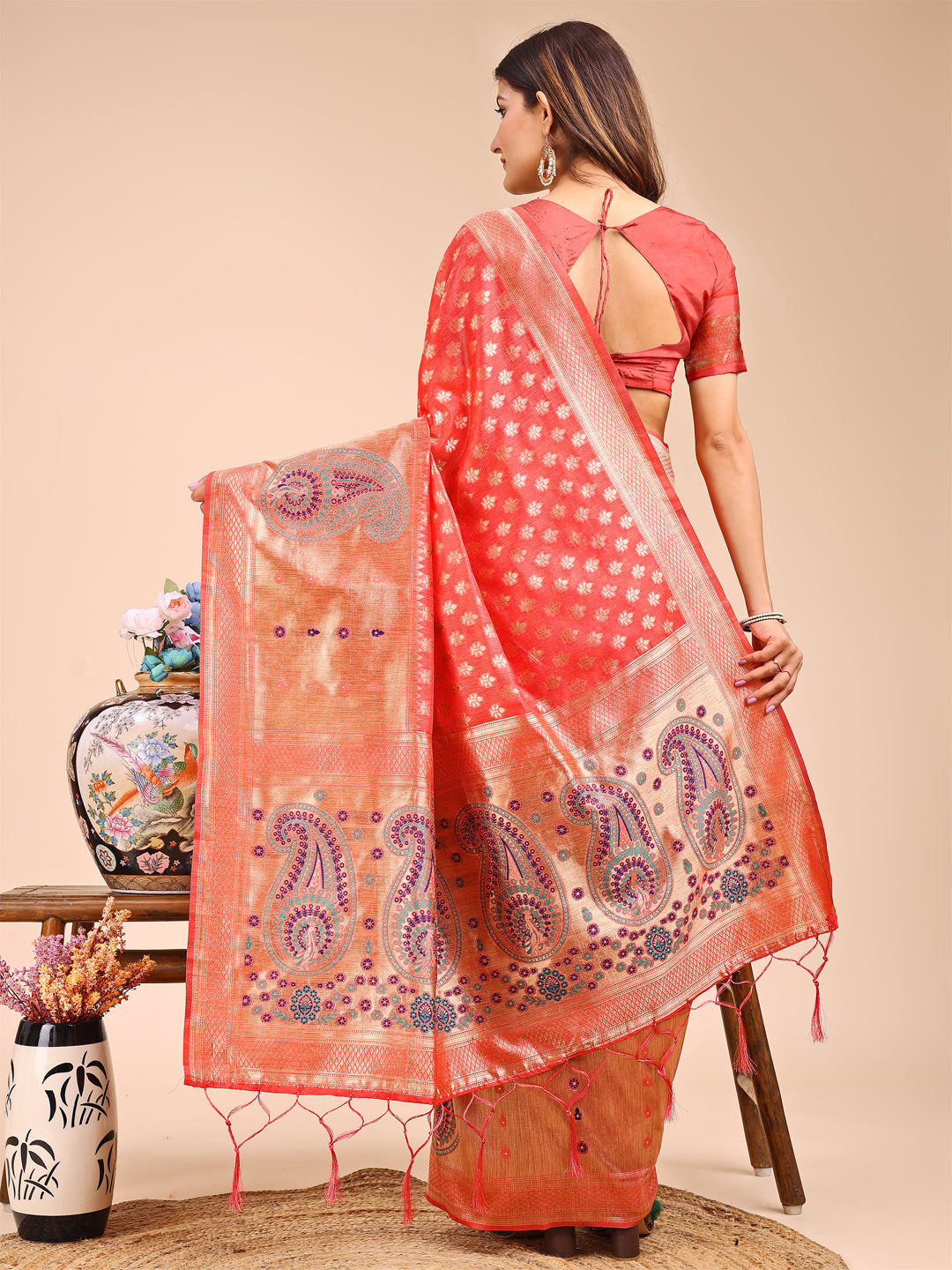 Peach Colour Linen Cotton Printed Work Saree With Blouse Piece