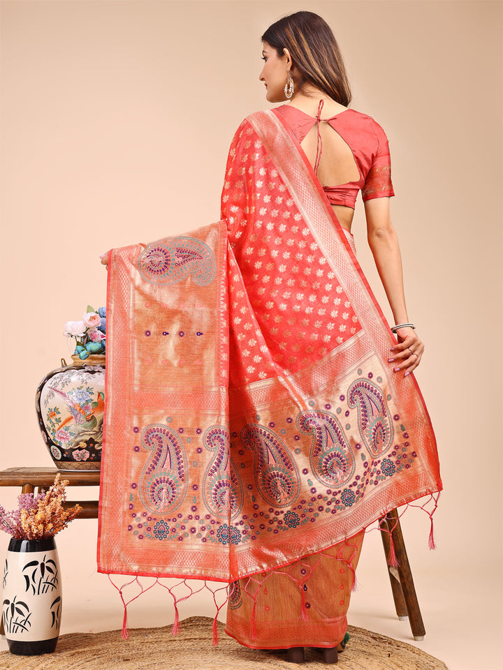 Peach Colour Linen Cotton Printed Work Saree With Blouse Piece
