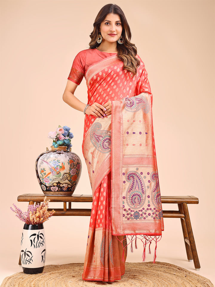 Peach Colour Linen Cotton Printed Work Saree With Blouse Piece