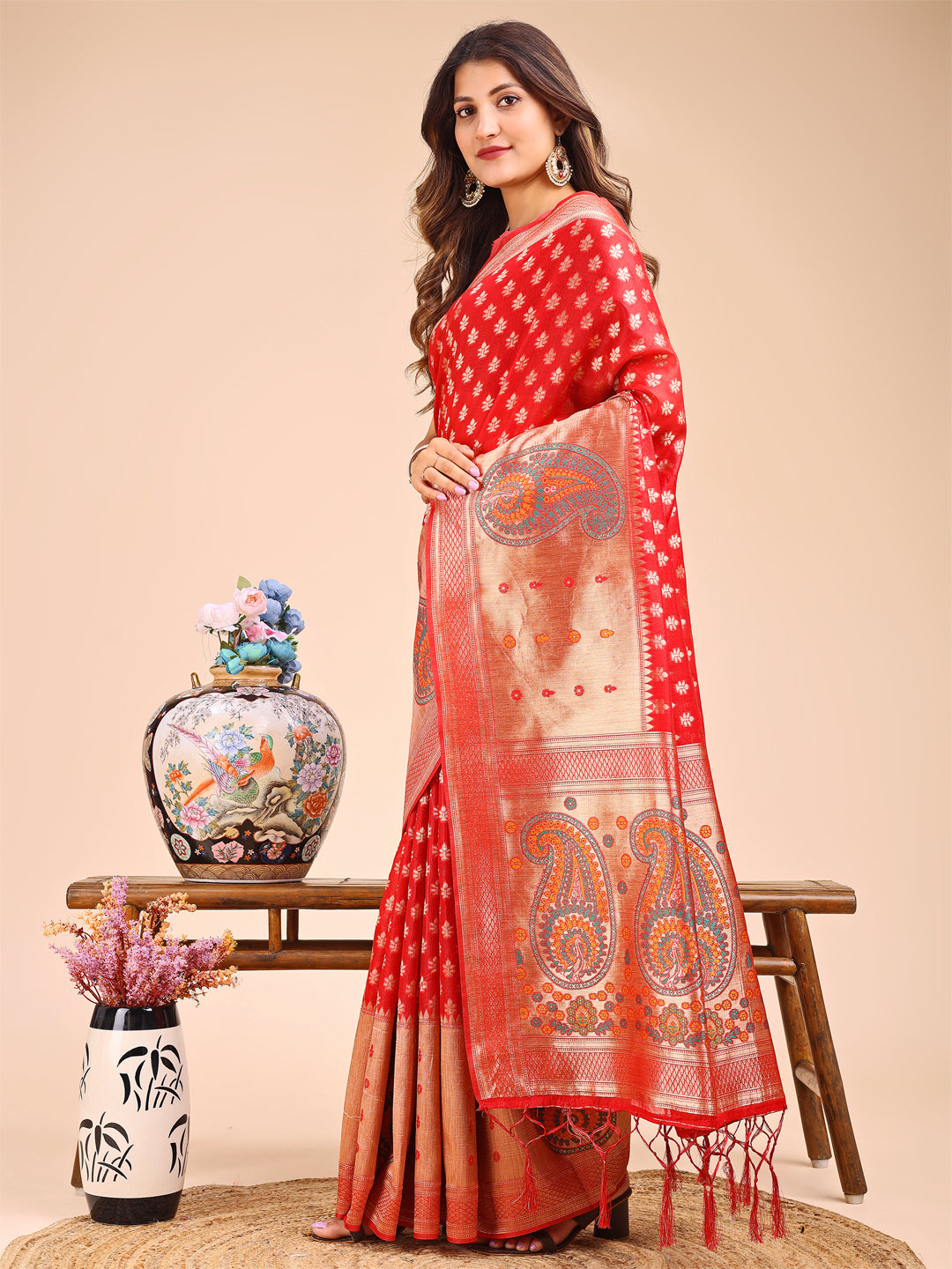Red Colour Linen Cotton Printed Work Saree With Blouse Piece