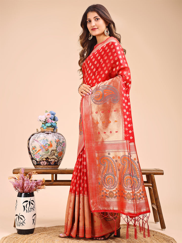 Red Colour Linen Cotton Printed Work Saree With Blouse Piece