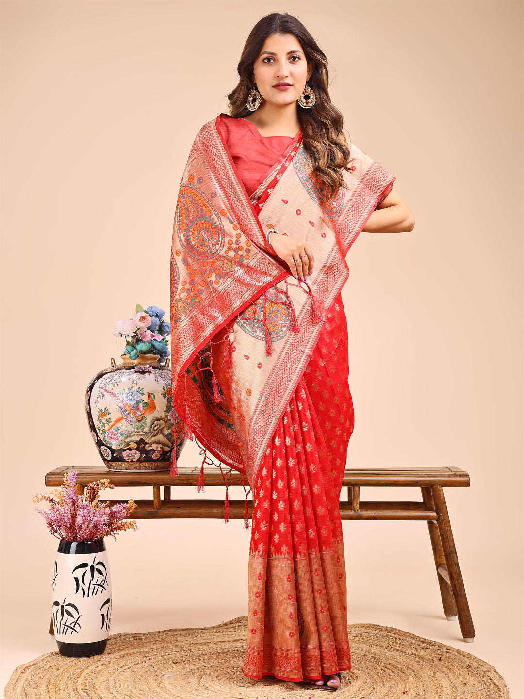 Red Colour Linen Cotton Printed Work Saree With Blouse Piece