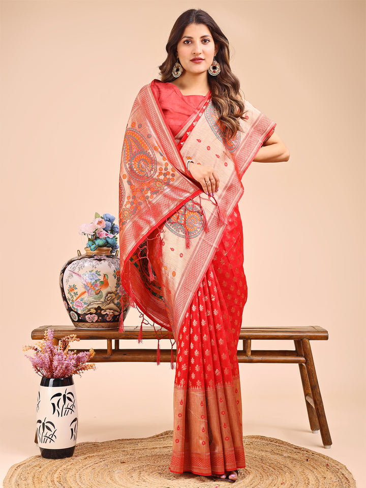 Red Colour Linen Cotton Printed Work Saree With Blouse Piece