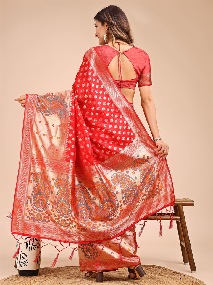 Red Colour Linen Cotton Printed Work Saree With Blouse Piece