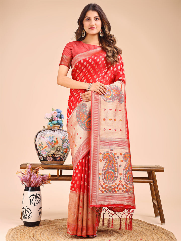 Red Colour Linen Cotton Printed Work Saree With Blouse Piece