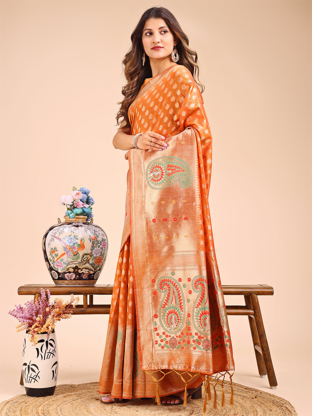 Mustrad Colour Linen Cotton Printed Work Saree With Blouse Piece