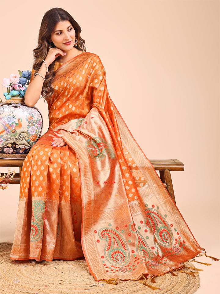 Mustrad Colour Linen Cotton Printed Work Saree With Blouse Piece