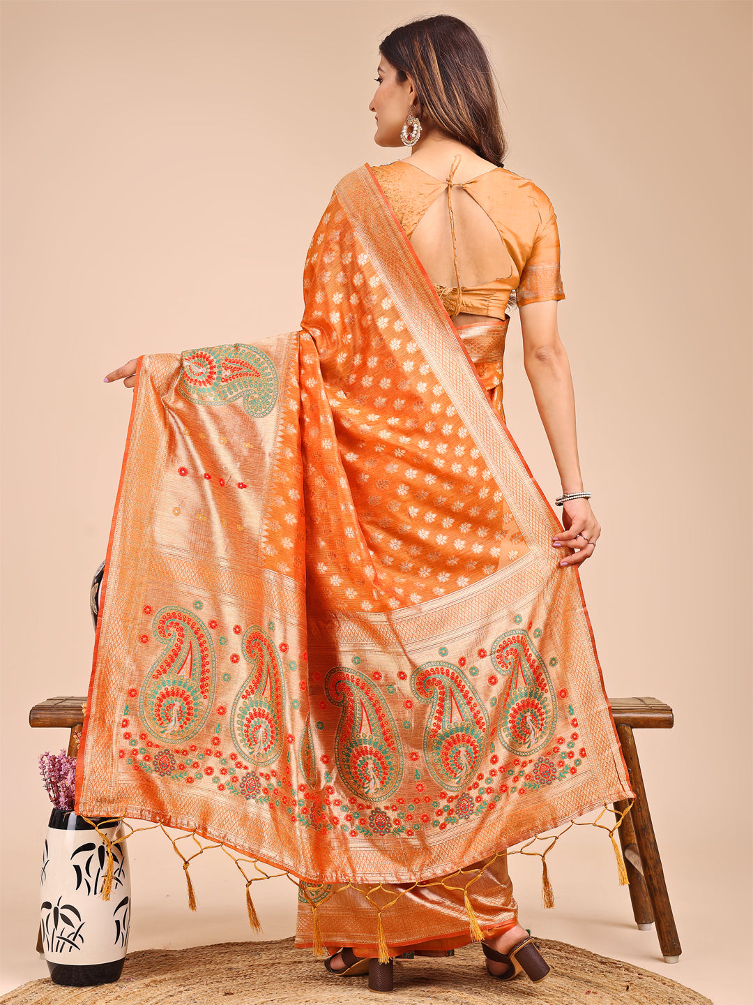Mustrad Colour Linen Cotton Printed Work Saree With Blouse Piece