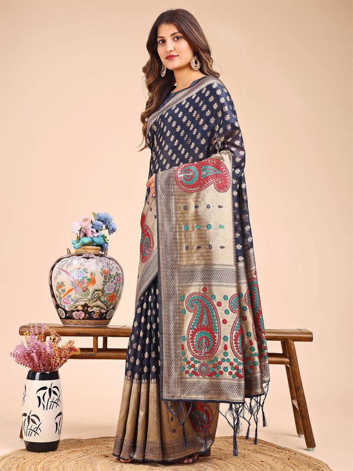 Navy Blue Colour Linen Cotton Printed Work Saree With Blouse Piece