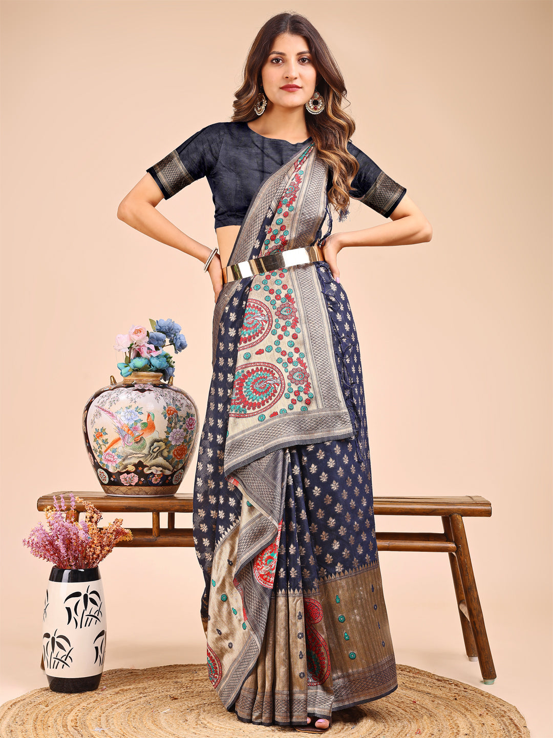 Navy Blue Colour Linen Cotton Printed Work Saree With Blouse Piece