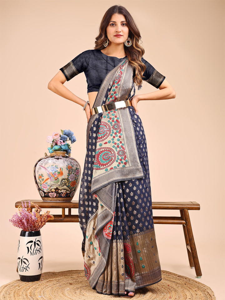 Navy Blue Colour Linen Cotton Printed Work Saree With Blouse Piece