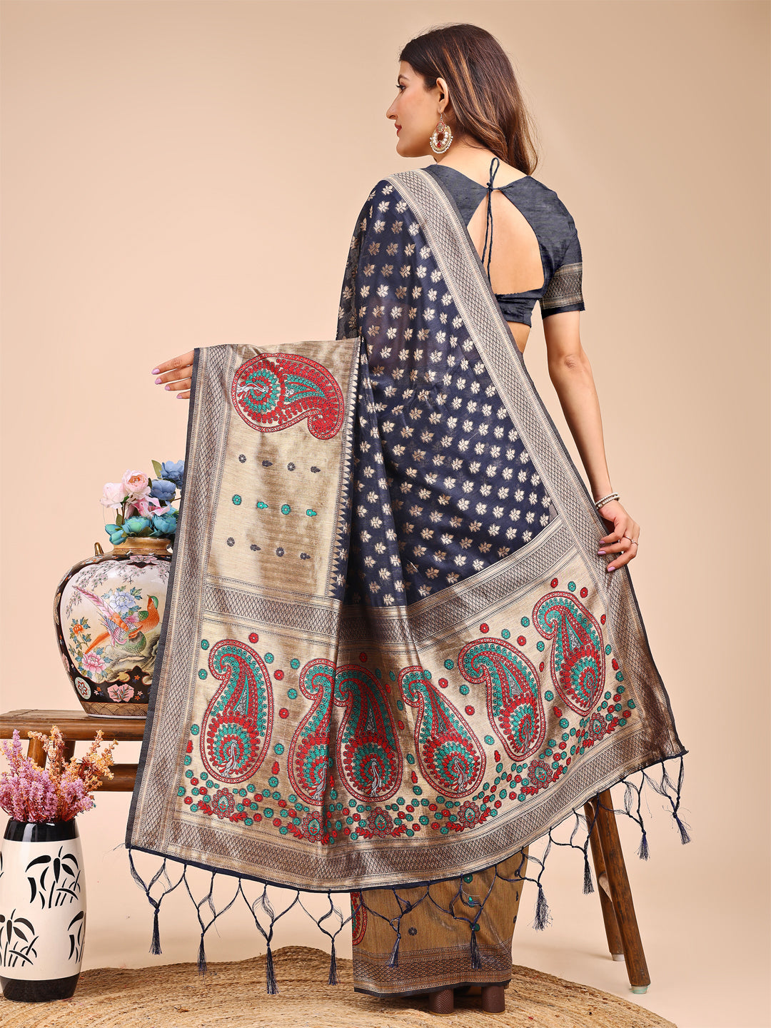Navy Blue Colour Linen Cotton Printed Work Saree With Blouse Piece