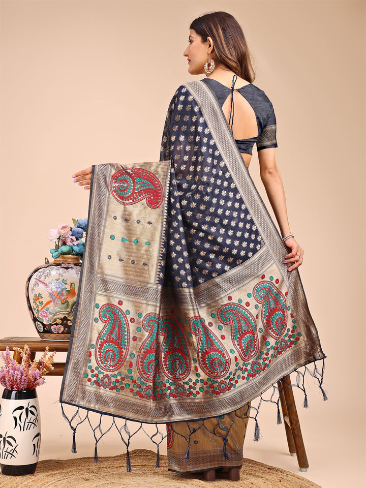 Navy Blue Colour Linen Cotton Printed Work Saree With Blouse Piece
